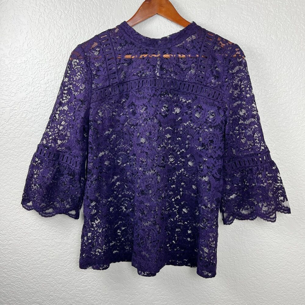 Loft Womens Purple Lace Workwear 3/4 Sleeve High Neck Blouse M